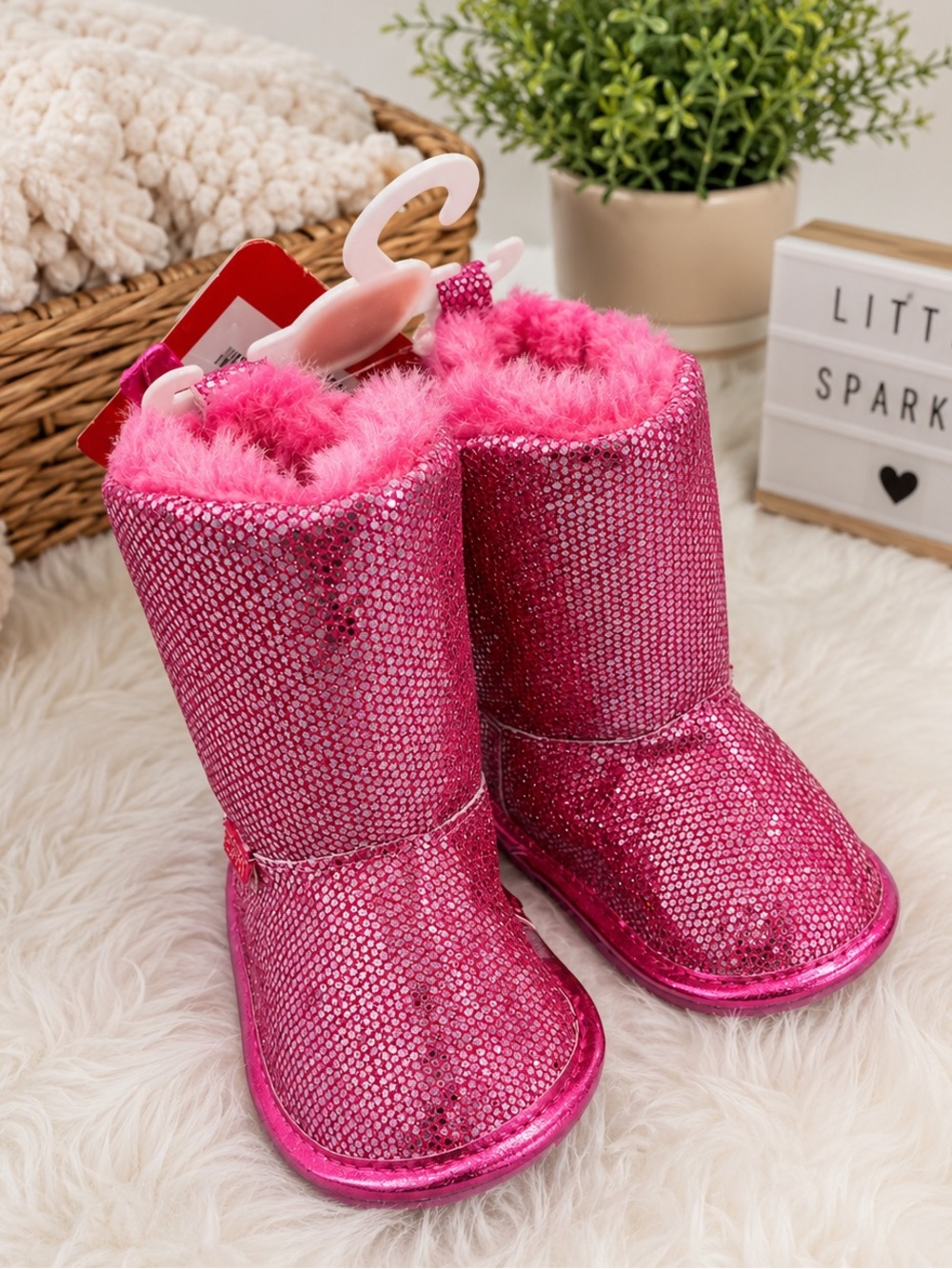 Girls Sparkling Pink Sequin Fuzzy Boots